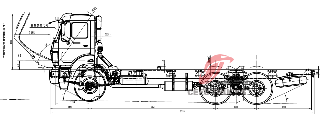 Technical drawing of Beiben All Wheel Driving 6x6 Cargo Truck Chassis